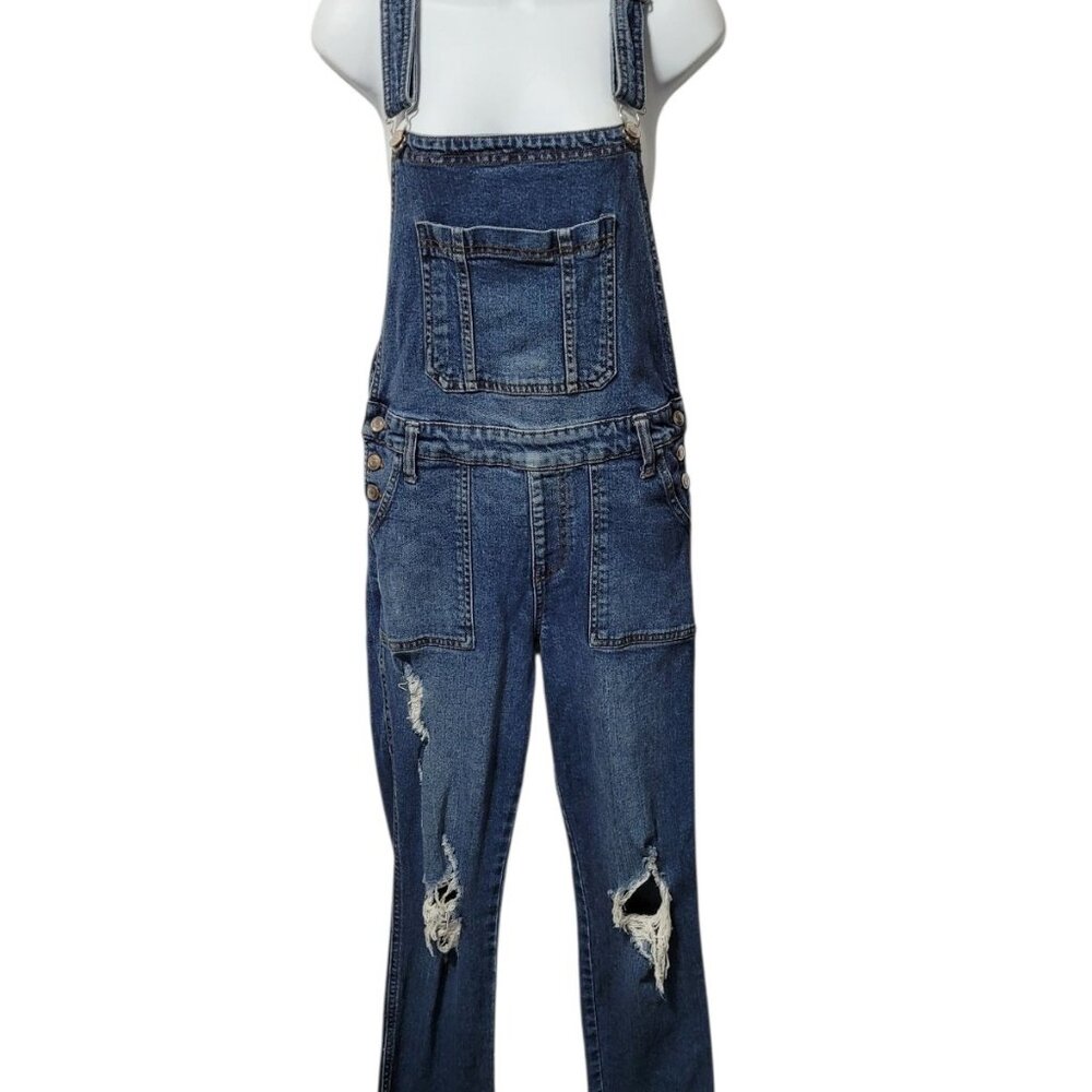Celebrity Pink Overalls Denim Distressed Adjustable Straps Small Blue Bib Pocket